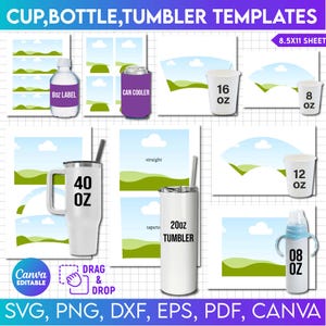 Op de afbeelding: Een set printbare sjablonen voor bekers, flessen en tumblers. De sjablonen hebben een groen en blauw landschapsontwerp met wolken. De sjablonen zijn verkrijgbaar in verschillende maten, waaronder 8 oz, 12 oz, 16 oz, 20 oz en 40 oz. De sjablonen zijn ontworpen voor gebruik met een snijmachine en kunnen worden aangepast met uw eigen ontwerpen.