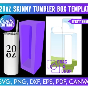 May include: A white 20 oz skinny tumbler with a straw, a purple box template, and a box template design on an 8"x11" sheet. The image includes the text "20OZ SKINNY TUMBLER BOX TEMPLAT", "Canva EDITABLE", and "DRAG & DROP".