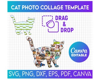 Cat Photo Collage Canva, Canva Frames Bundle, Drag and Drop Photo, DIY Picture Collage, Cat shape photo collage, pet photo collage