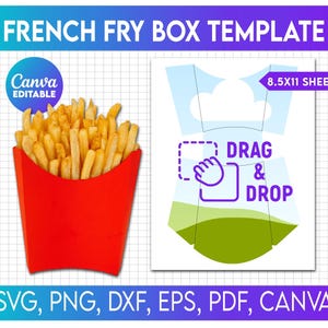Peut inclure: Un modèle de boîte à frites, avec une boîte rouge et un graphique de frites. Le modèle est modifiable dans Canva et peut être imprimé sur une feuille de papier de 8,5x11 pouces. Le modèle comprend des instructions pour faire glisser et déposer des éléments.