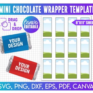Könnte beinhalten: Eine Vorlage für Mini-Schokoladenverpackungen mit dem Text "MINI CHOCOLATE WRAPPER TEMPLATE". Das Design umfasst ein Blatt mit 12 rechteckigen Vorlagen, zwei Beispielverpackungen mit dem Text "YOUR DESIGN" und dem Text "8"X11" SHEET" (ca. 20 x 28 cm).