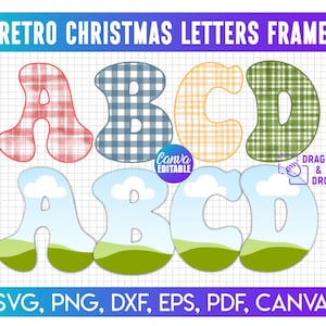Könnte beinhalten: Ein digitales Design mit dem Text "RETRO CHRISTMAS LETTERS FRAME". Das Design zeigt die Buchstaben A, B, C und D in einem Retro-Stil mit verschiedenen Mustern und Farben. Das Design enthält auch den Text "SVG, PNG, DXF, EPS, PDF, CANVA".