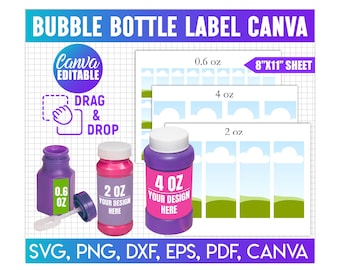 Modello di etichetta per bottiglia di bolle, bomboniera per feste per bambini, svg, png, modificabile con Canva, etichetta per bottiglia di bolle da 0,6 oz, 2 oz, 4 oz, etichetta per bacchette per bolle