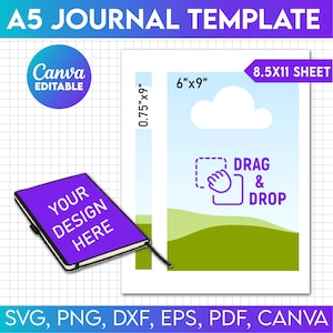 Pode incluir: Um modelo para uma capa de diário de 6 por 9 polegadas, com um céu azul, grama verde e uma nuvem branca. O modelo é projetado para uso com Canva e inclui uma área de arrastar e soltar para adicionar seu próprio design. O modelo também está disponível nos formatos SVG, PNG, DXF, EPS, PDF e Canva.