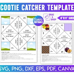 May include: A template for a cootie catcher, also known as a fortune teller, on an 8"x11" sheet. The design includes numbered flaps with spaces for text and images, along with instructions. The template is editable with Canva.