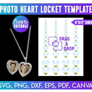 May include: A silver heart-shaped locket necklace with a photo of a couple inside, displayed on a black background. The image also includes a template with heart shapes and the text "PHOTO HEART LOCKET TEMPLATE" and "8"X11" SHEET".