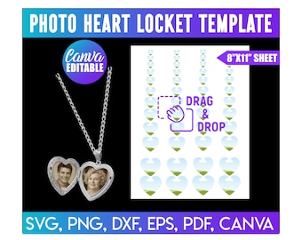 Photo Heart Locket Template, DIY Personalized Keepsake, Heart Necklace Photo Locket Gift, Easy Drag & Drop, Editable Canva Template