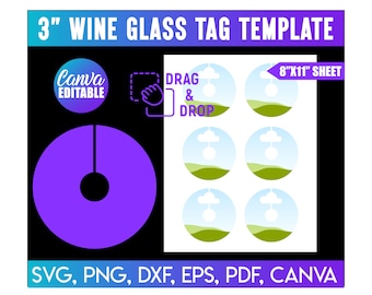 May include: A digital template for 3-inch wine glass tags. The design features a purple and black color scheme with the text "3" WINE GLASS TAG TEMPLATE". Includes the text "Canva EDITABLE" and "DRAG & DROP". The sheet size is 8"x11".