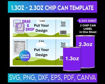 Chip Can Template Bundle, 1.3oz - 2.3oz Chip Can Template, Snack Stack Chip Label, Printable, Canva Editable, Chip Can Label Template