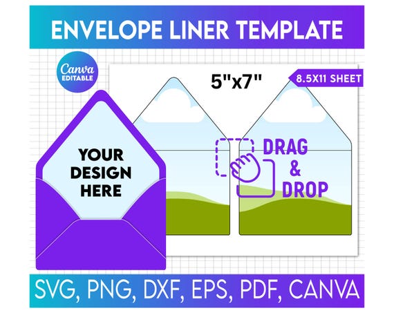 5x7 Envelope Liner template, A7 Envelope Liner Template, Drag and Drop Envelope Liner Canva Template, Square Flap Template, Editable