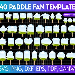 Pode incluir: Um modelo de design gráfico digital com 40 designs de leques em várias formas, incluindo estrelas e nuvens. O texto "40 PADDLE FAN TEMPLATE" está no topo, com opções de formato de arquivo como SVG e PNG na parte inferior. O fundo é preto.