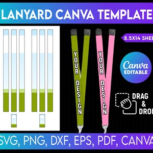 Può includere: Un modello digitale per cordini, con design di cordini verdi e rosa. Il testo "YOUR DESIGN" è stampato verticalmente sui cordini. L'immagine include anche il testo "LANYARD CANVA TEMPLATE", "8.5X14 SHEET" e "Canva EDITABLE".