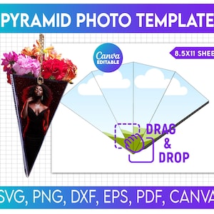 Plantilla de caja de regalo con foto piramidal, plantilla editable en Canva para caja de regalo con ramo piramidal, caja de regalo personalizada, caja de cartón pluma, foto triangular