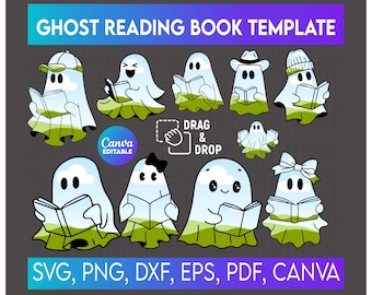 Ghost Reading Book Canva Template, Cute Ghost Book Nerd Clipart, Teacher Librarian Sublimation, Drag and Drop, Spooky Season