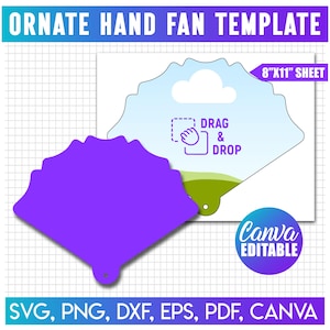 Puede incluir: Una plantilla de abanico de mano adornada con una forma de abanico morado sólido y una hoja blanca de 8"x11" con cielo azul claro, nube blanca, colina verde y un icono de arrastrar y soltar. El texto dice ORNATE HAND FAN TEMPLATE, 8"X11" SHEET, CANVA EDITABLE, SVG, PNG, DXF, EPS, PDF, CANVA.