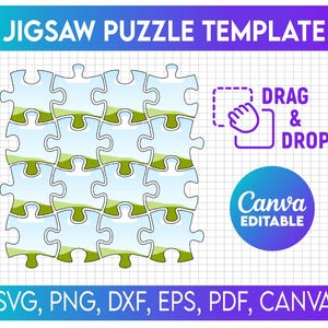 Może przedstawiać: Szablon układanki z tłem w kratkę. Elementy układanki są jasnoniebieskie z zielonymi i białymi akcentami. Obraz zawiera tekst "JIGSAW PUZZLE TEMPLATE", "DRAG & DROP", "Canva EDITABLE" oraz opcje typu pliku.