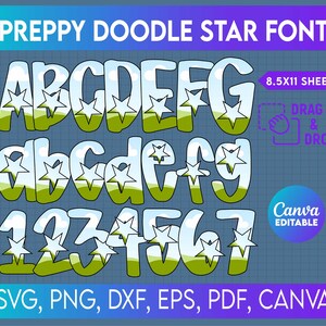 Op de afbeelding: Een digitaal ontwerp met het alfabet en cijfers in een bubble letter-stijl, met een preppy doodle ster lettertype. De letters en cijfers zijn wit met een blauwe lucht en groen gras ontwerp, en ster accenten. Het ontwerp bevat de tekst "PREPPY DOODLE STAR FONT".