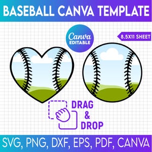 May include: A digital template for a baseball-themed design. The template features a baseball in a heart shape and a regular baseball. Both baseballs have a green field and a blue sky with clouds. The text "DRAG & DROP" is included in the template.