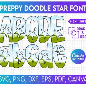 Op de afbeelding: Een digitaal ontwerp met het alfabet in een preppy doodle-stijl met steraccenten. De letters zijn gevuld met een landschap van groene velden en blauwe luchten. Het ontwerp bevat de tekst "PREPPY DOODLE STAR FONT" en bestandstype-opties.