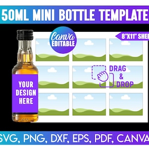 May include: A template for 50ml mini bottles, featuring a bottle with a purple label that says "YOUR DESIGN HERE." The design includes a grid for multiple bottle designs, with the text "DRAG & DROP." The image also includes the text "8"x11" SHEET."
