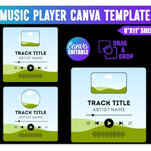 Könnte beinhalten: Eine Canva-Vorlage für einen Musikplayer auf einem 8"x11"-Blatt mit drei anpassbaren Layouts, die Platzhalter für Titel, Künstlernamen und Albumcover enthalten. Das Design umfasst Drag-and-Drop-Symbole und eine Wiedergabetaste.