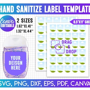 Op de afbeelding: Een handdesinfecterende etiket sjabloon met de tekst "HAND SANITIZE LABEL TEMPLATE". De sjabloon bevat twee maten: 4,11 cm x 3,58 cm en 3,35 cm x 3,66 cm. Het ontwerp toont een handdesinfectie fles en een vel met meerdere etiket placeholders.