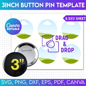 Puede incluir: Una plantilla para crear botones de 7,6 cm. La plantilla incluye cuatro círculos con un diseño de paisaje, un botón negro con un "3" amarillo y una parte posterior de botón plateada. El texto "DRAG & DROP" es visible en la plantilla.