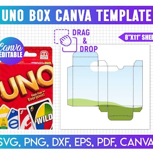 Pode incluir: Uma imagem de um modelo de caixa de jogo de cartas Uno vermelho com o texto "UNO" em letras douradas. A imagem inclui um modelo de design de caixa, as palavras "Drag & Drop" e o texto "8"x11" Sheet". A imagem também inclui o texto "Canva Editable".
