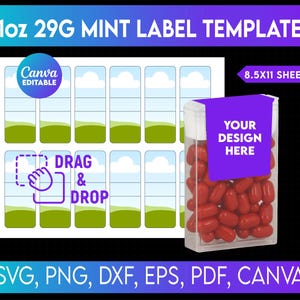 May include: A mint label template with a design of rectangular labels with a landscape scene. A clear plastic container filled with red mints is on the right. The text "YOUR DESIGN HERE" is on the label. The text "1oz 29G MINT LABEL TEMPLATE" is at the top.