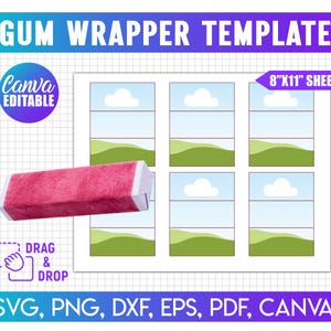 May include: A digital gum wrapper template on an 8"x11" sheet featuring six rectangular designs with a blue sky, white clouds, and green hills. A pink rectangular gum pack is shown in the foreground. Text includes GUM WRAPPER TEMPLATE, CANVA EDITABLE, DRAG & DROP, and file formats SVG, PNG, DXF, EPS, PDF, CANVA.