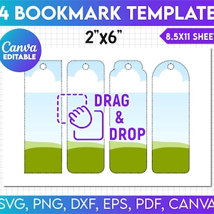 Puede incluir: Cuatro plantillas de marcapáginas imprimibles con un diseño de cielo y hierba. Las plantillas miden 2 pulgadas por 6 pulgadas y están diseñadas para imprimirse en una hoja de papel de 8,5 por 11 pulgadas. El texto "DRAG & DROP" está incluido en una de las plantillas.