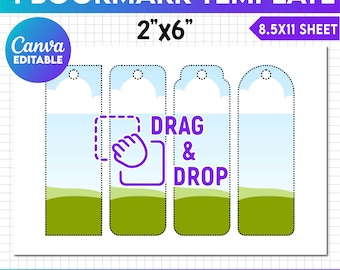 May include: Four printable bookmark templates with a sky and grass design. The templates are 2 inches by 6 inches and are designed to be printed on an 8.5 by 11 inch sheet of paper. The text "DRAG & DROP" is included on one of the templates.