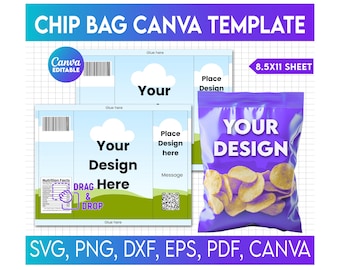 May include: A purple chip bag template with the words "YOUR DESIGN" and a bag of chips. The design includes a blue sky with clouds, green hills, and the text "DRAG & DROP". The template is for an 8.5x11 sheet.