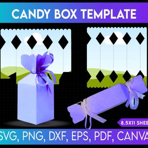 May include: A template for candy boxes, featuring two designs: a square box and a candy-shaped box, both in light purple. The boxes are adorned with purple ribbons. The image includes the text "CANDY BOX TEMPLATE" and file format options.