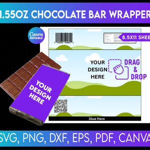 以下が含まれることがあります： チョコレートバーと「YOUR DESIGN HERE」という文字が入った紫色の包装紙が、チョコレートバーの包装紙のテンプレートの隣に表示されています。テンプレートには「DRAG & DROP」と「8.5X11 SHEET」という文字が含まれています。包装紙には「1.55OZ CHOCOLATE BAR WRAPPER」と書かれています。