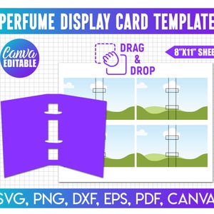 May include: A perfume display card template in purple and teal. The design features a purple die-cut card, a layout for perfume images, and the text "PERFUME DISPLAY CARD TEMPLATE". The template is an 8"x11" sheet and is Canva editable.