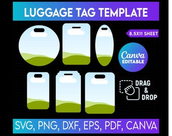 Puede incluir: Una plantilla digital para etiquetas de equipaje en varias formas, incluyendo diseños redondos, rectangulares y ovalados. Las etiquetas presentan un gráfico de paisaje y están etiquetadas como editables en Canva, con funcionalidad de arrastrar y soltar. El texto incluye "LUGGAGE TAG TEMPLATE".