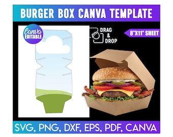 Op de afbeelding: Een digitale sjabloon voor een burgerbox, met de tekst "BURGER BOX CANVA TEMPLATE". De afbeelding bevat een burger in een bruine doos en een ontwerp voor de doos. De sjabloon is voor een vel van 20,3 cm x 28 cm en is Canva bewerkbaar.
