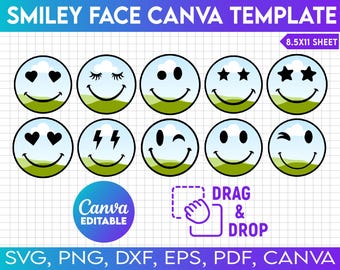 May include: A set of nine smiley face illustrations with different expressions, including hearts, stars, lightning bolts, and a wink. The illustrations are on a white background with a grid pattern. The text "Canva Editable" and "DRAG & DROP" are also included in the image.