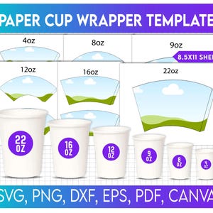 6 Paper Cup Wrapper Template Bundle, Papierbecher Wrapper, Blank Cup Wrapper, Styroporbecher, Papierkaffeetasse Vorlage, Aper Cup Etikett