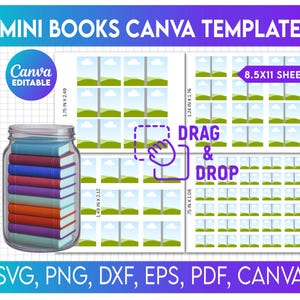 May include: A digital template for mini books, showing a jar of colourful book spines. The design includes drag and drop elements and is available in SVG, PNG, DXF, EPS, PDF, and Canva formats. The template is on a 21.59cm x 27.94cm sheet.