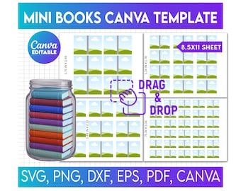 May include: A digital design template for mini books, featuring a jar filled with colorful book spines. The design includes drag and drop elements and is available in SVG, PNG, DXF, EPS, PDF, and Canva formats. The template is on an 8.5x11 inch sheet.
