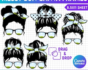 May include: Five black and white illustrations of women with messy buns and glasses. Each illustration has a different style of headband. The text "DRAG & DROP" is in a white box with a black outline. The text "Canva EDITABLE" is in a white box with a black outline. The text "SVG, PNG, DXF, EPS, PDF, CANVA" is at the bottom of the image. The text "MESSY BUN CANVA FRAMES" is at the top of the image. The text "8.5X11 SHEET" is in the top right corner of the image.