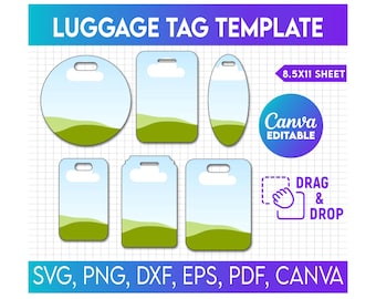 Puede incluir: Una plantilla para etiquetas de equipaje con varias formas, incluyendo diseños redondos, rectangulares y ovalados. Cada etiqueta presenta un gráfico de cielo y paisaje. El texto "LUGGAGE TAG TEMPLATE" está en la parte superior, con las etiquetas "8.5x11 SHEET" y "Canva EDITABLE".