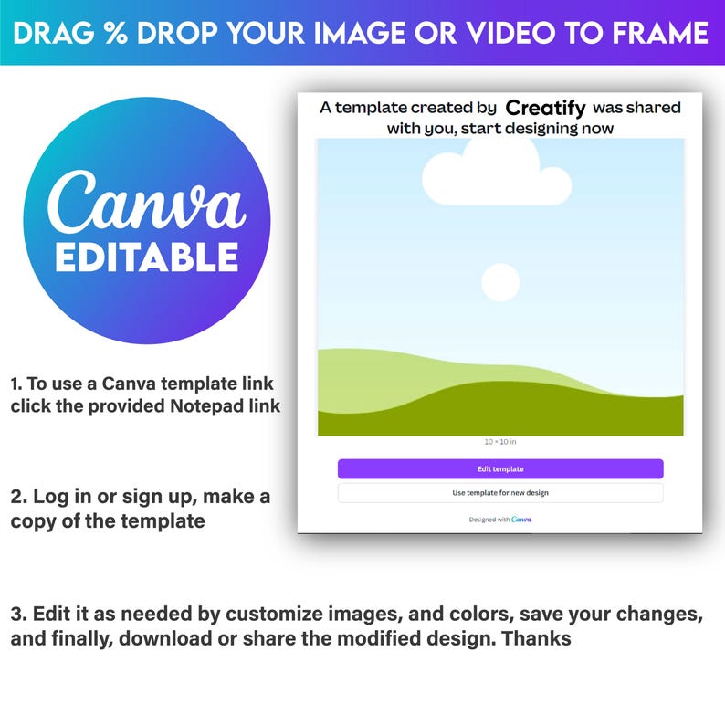 May include: A digital graphic with the Canva logo and the word "EDITABLE." Instructions are provided for using a Canva template, including logging in, customizing, and downloading the design. The template is 10 x 10 inches.