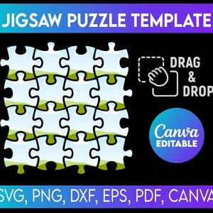 Może przedstawiać: Cyfrowy szablon układanki na czarnym tle. Elementy układanki są białe z jasnoniebieskim i zielonym wzorem. Tekst zawiera "JIGSAW PUZZLE TEMPLATE", "DRAG & DROP", "Canva EDITABLE" oraz opcje typu pliku: SVG, PNG, DXF, EPS, PDF, CANVA.