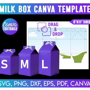 Pode incluir: Um modelo digital para designs de caixas de leite, com três caixas roxas rotuladas S, M e L. O design inclui um elemento "Arrastar e soltar" e é compatível com Canva. O modelo é para uma folha de 8"x11" e inclui formatos SVG, PNG, DXF, EPS, PDF e Canva.