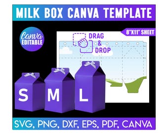 3 Milk Box Template BUNDLE, DIY Box, Canva Editable, Milk Carton Box Template, Milk Favor Box Svg, Party Favor Box, Box Template, Gift Box