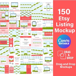 May include: A set of 150 customizable Etsy listing mockups for Canva. The mockups feature a variety of layouts with a green and pink color scheme. The text "Drag and Drop Mockups" is included in the image.