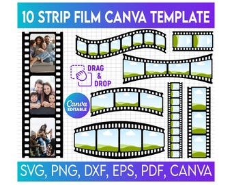 Photo Strip Film Canva Frames Template, Editable Image Collage, Retro Photo Booth, Picture Film Canva Frame Template, Customizable Photo